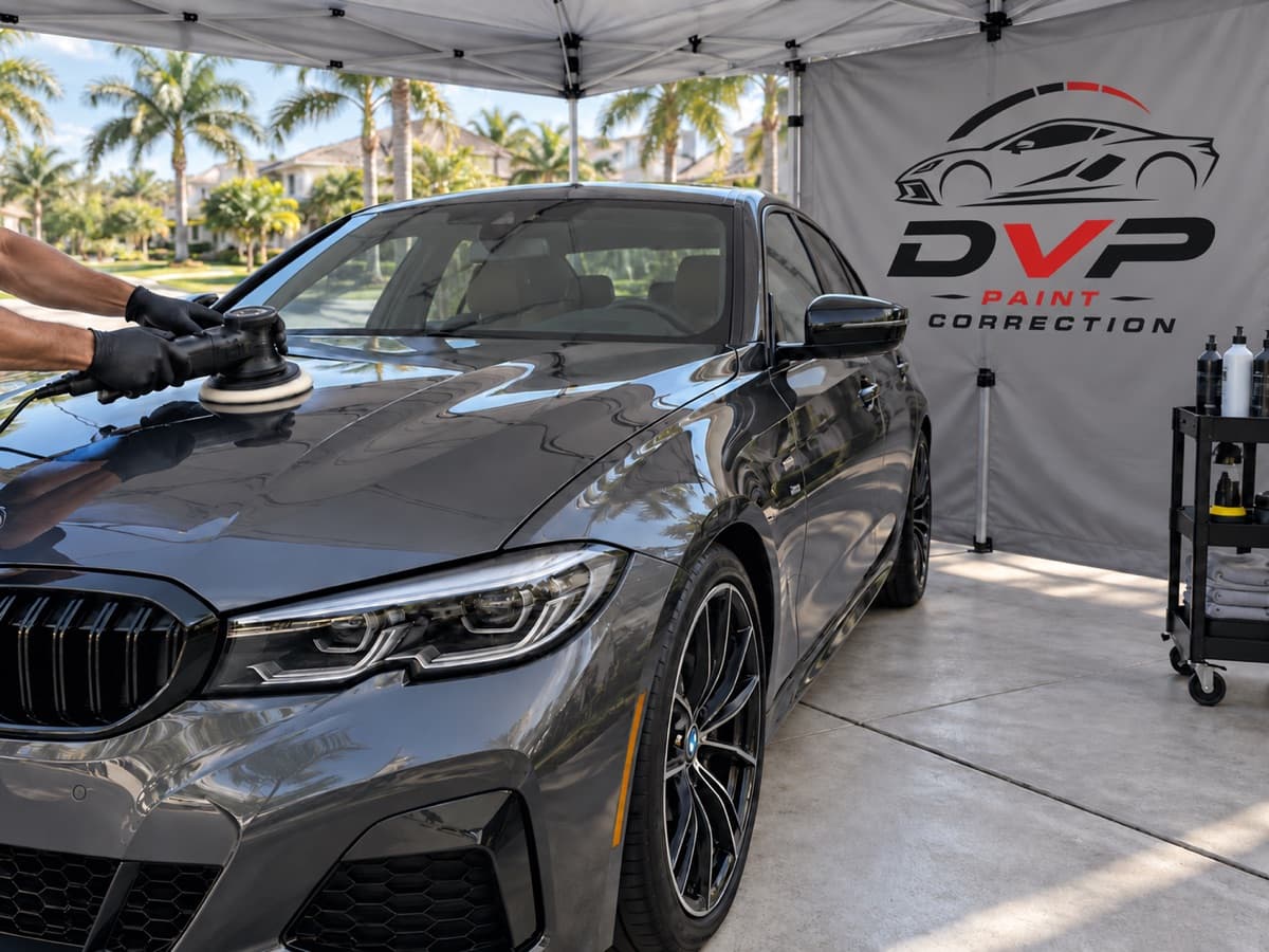 DVP Paint Correction mobile setup polishing a BMW in a driveway
