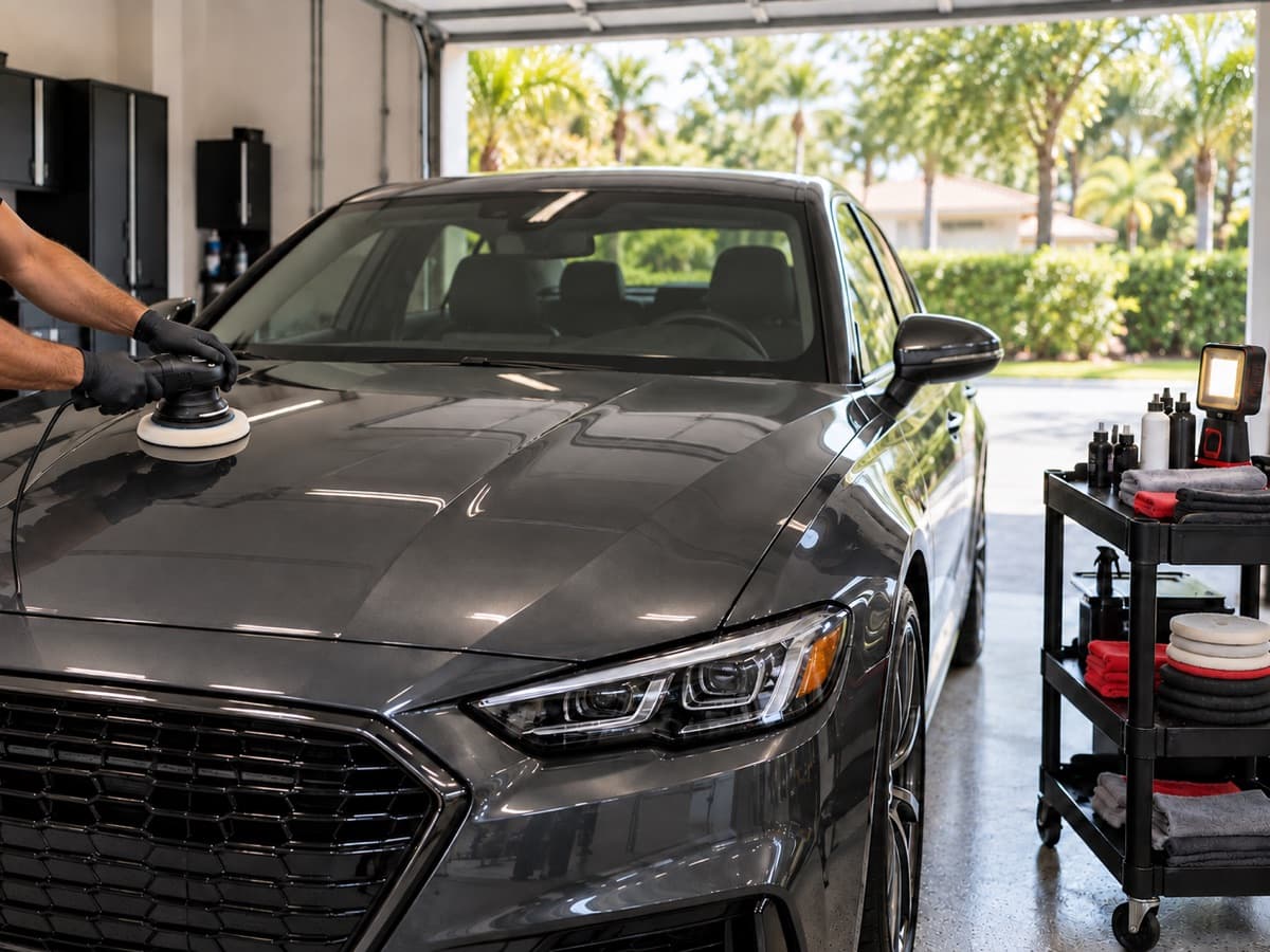 Machine polishing a car's hood during a mobile paint correction appointment
